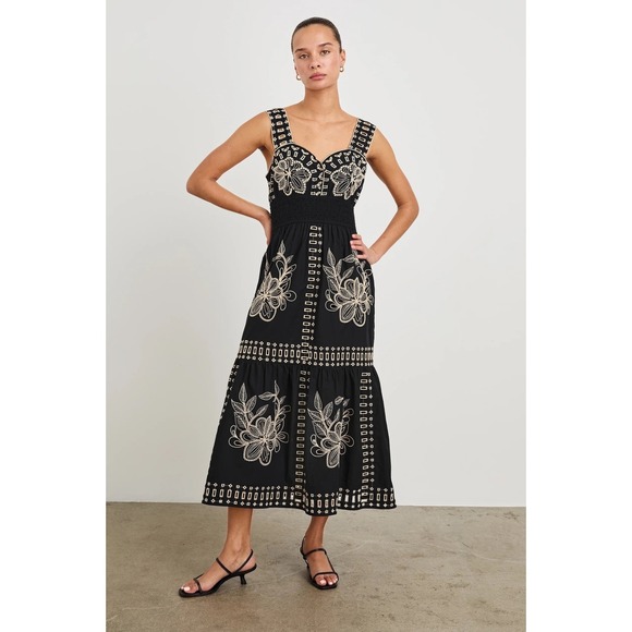 Rails Dresses & Skirts - NWT Rails Fawn Dress XXS Black Ivory Embroidered Floral Cotton Tiered Maxi Chic